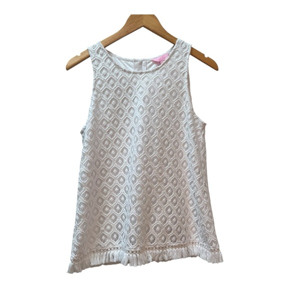 Lilly Pulitzer Tops - Lilly Pulitzer Island Time White Knit Lace Maybelle Fringe Trim Top Size S